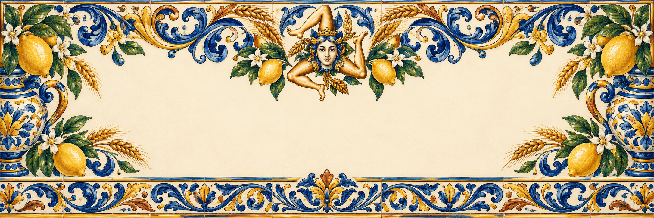 Blauwgele keramiekrand met Trinacria
